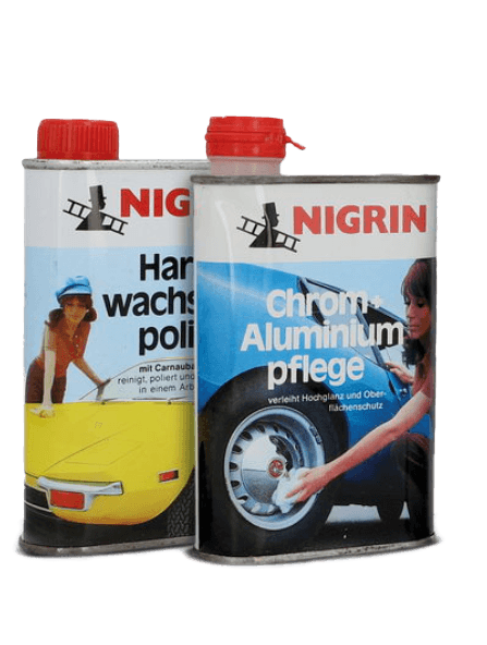 Two vintage NIGRIN products: car tar remover and car preservation wash.
