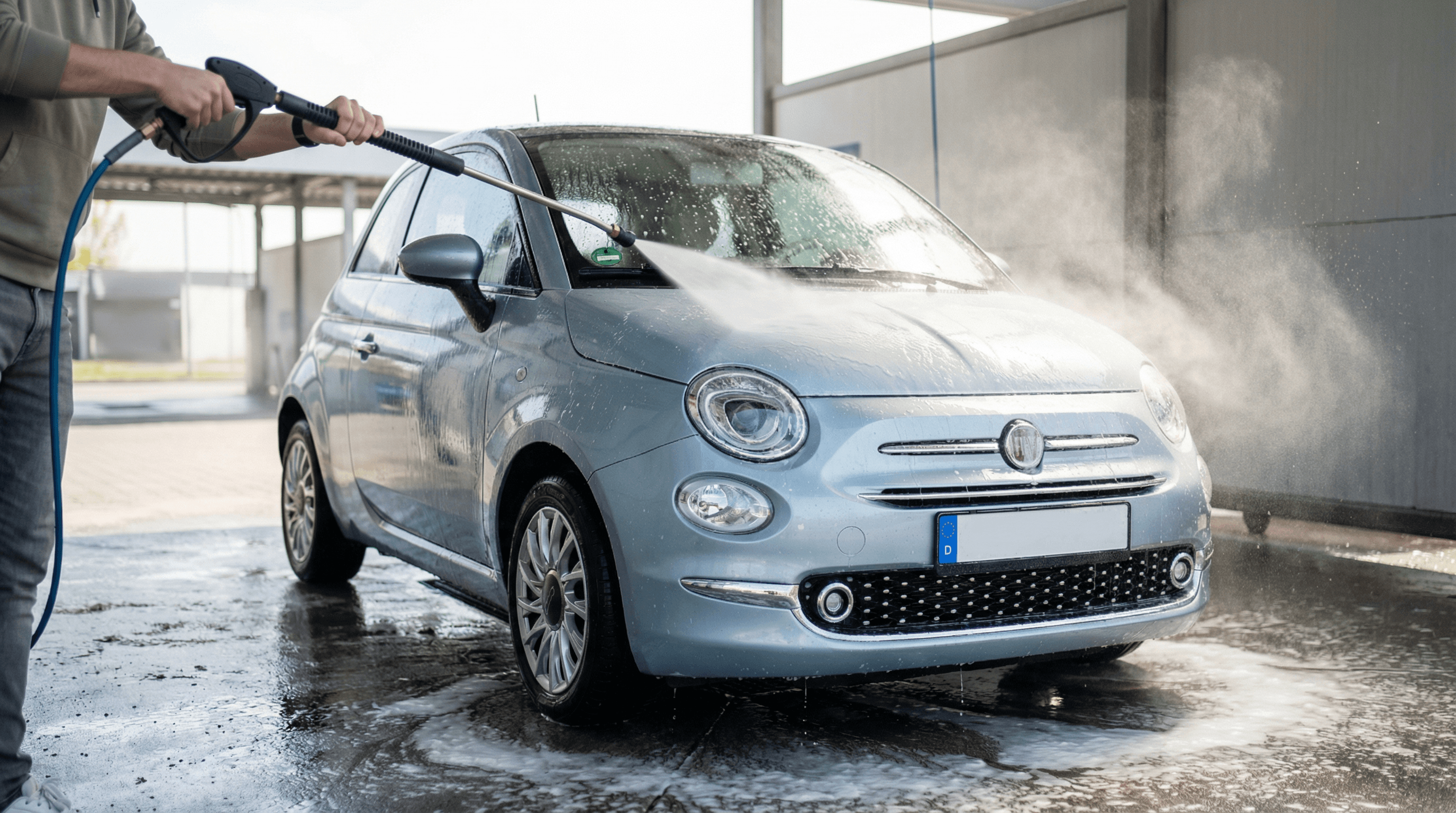 Light blue Fiat 500 being sprayed down with a pressure washer in a self-service wash bay.