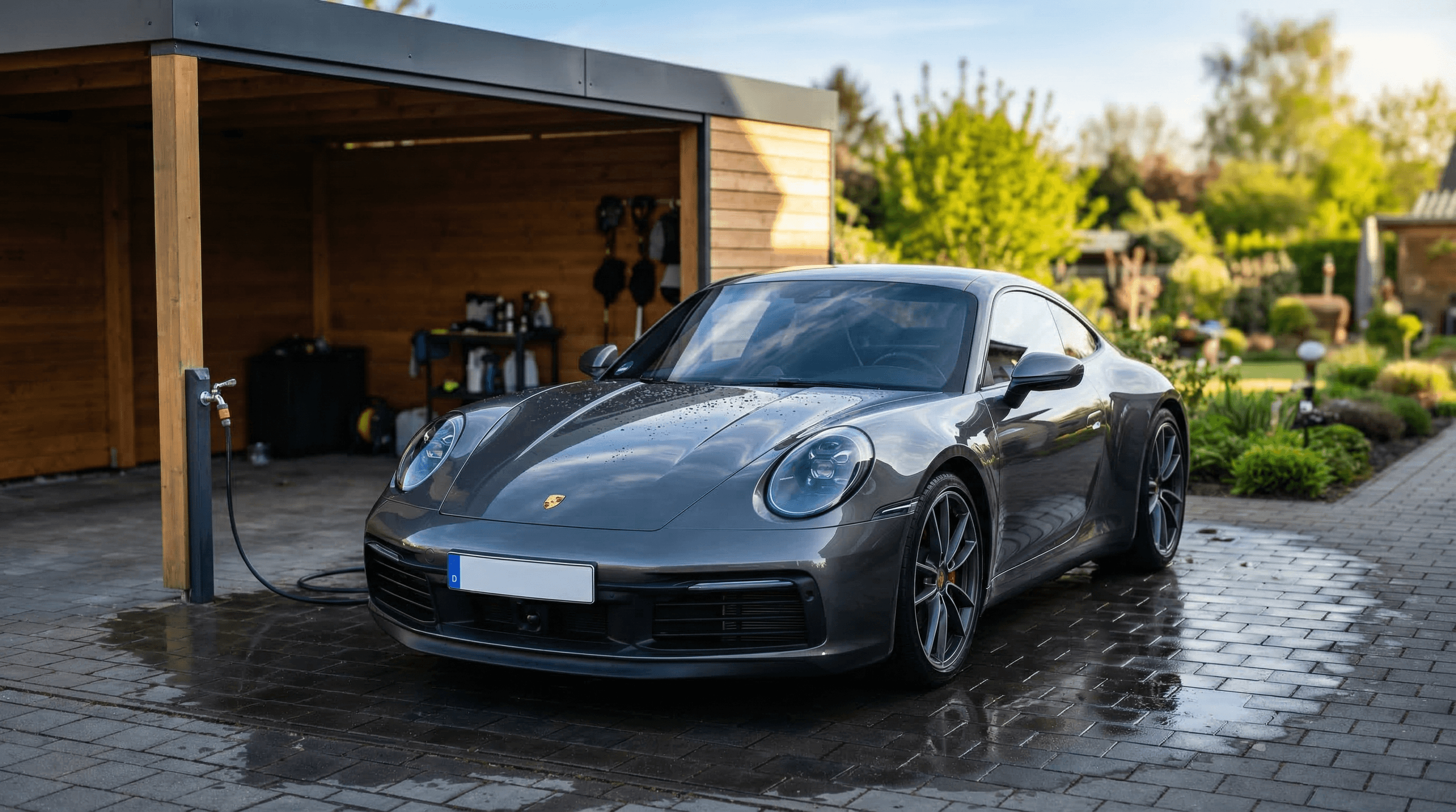 Ein sportliches Auto steht in einer Auffahrt neben einem Carport