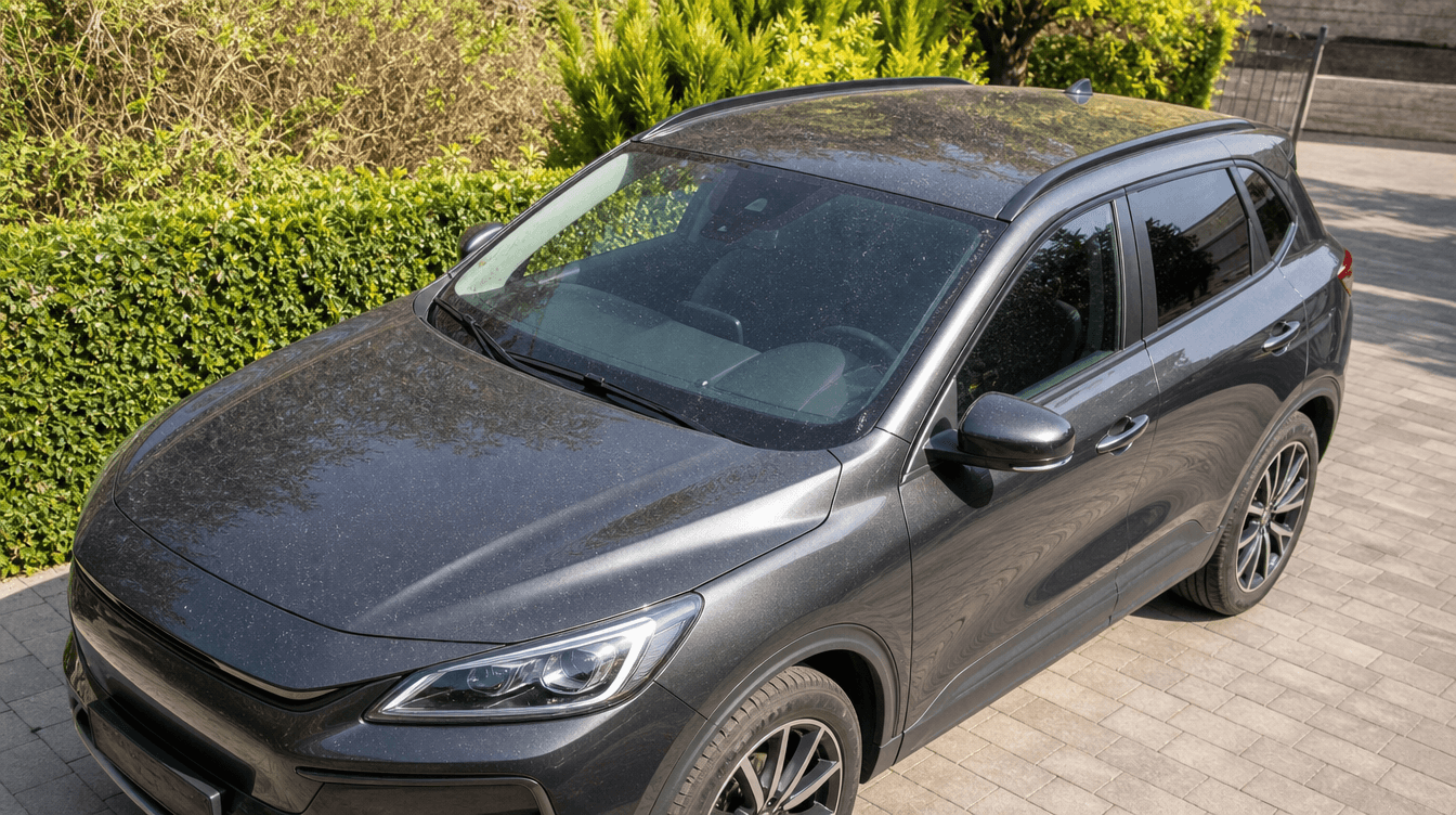 dunkelgraues Auto mit Blütenstaub bedeckt
