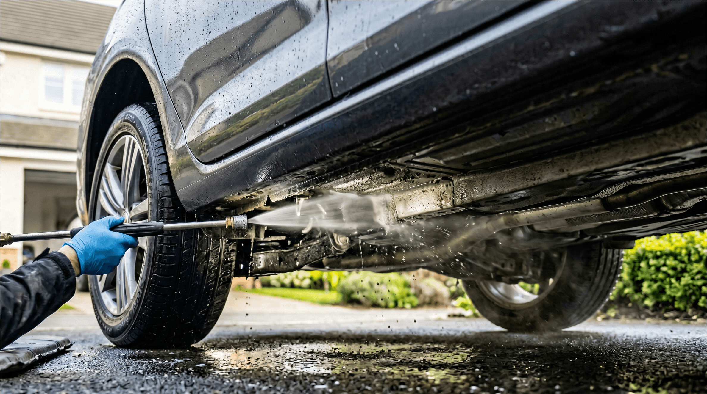 Unterboden eines Autos wird mit einem Hochdruckreiniger seitlich gereinigt
