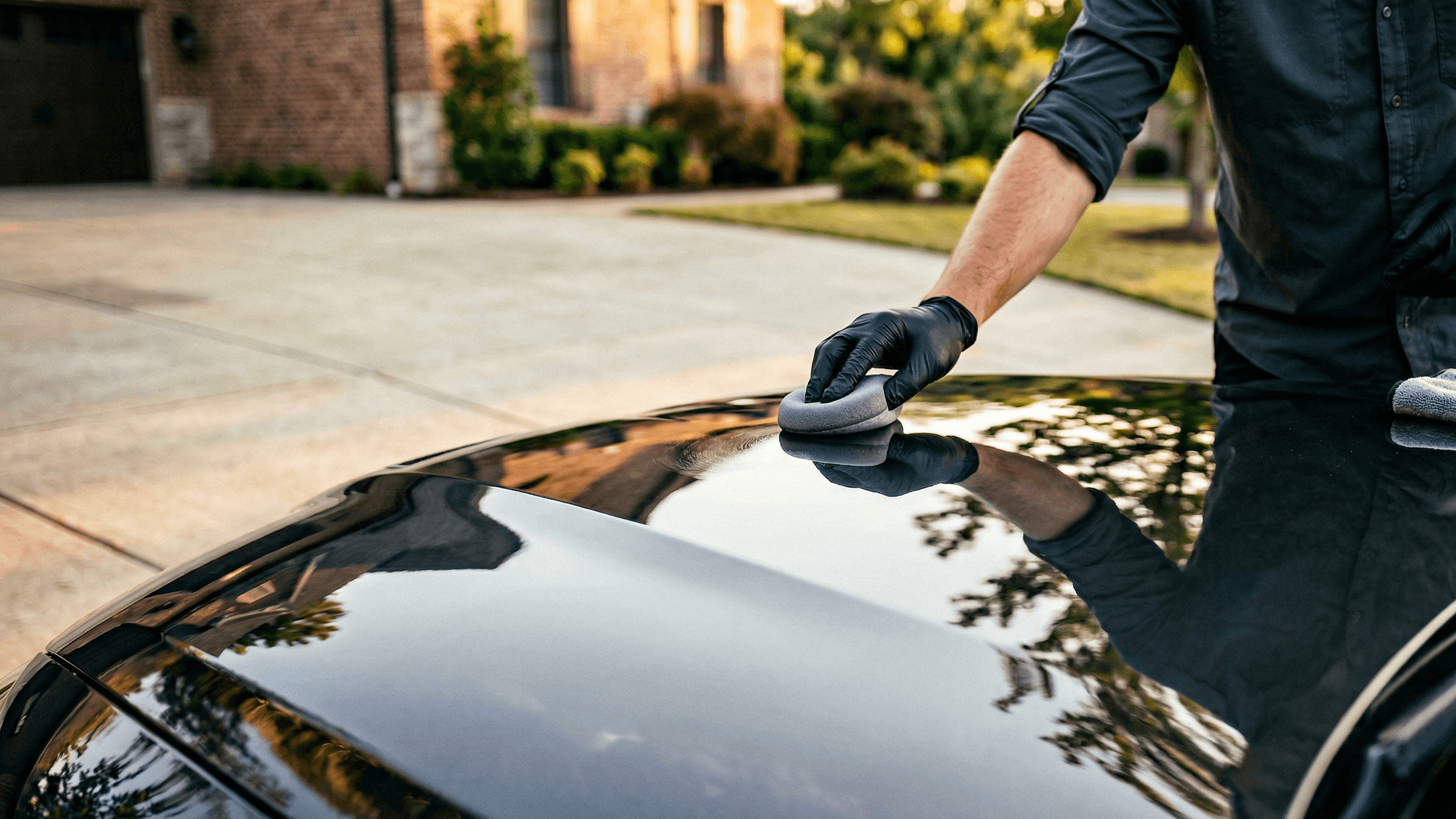 Mann wischt mit einem Polierschwamm über die Motorhaube eines schwarzen Autos